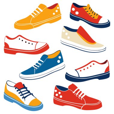 Herhangi bir tasarıma kişilik katmak için mükemmel sekiz renkli ve şık ayakkabı çiziminden oluşan canlı bir set. Bu oyuncu ve eşsiz ayakkabılar moda, markalaşma veya yaratıcı projeler için idealdir..