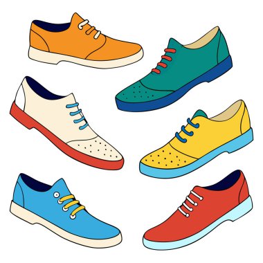 Herhangi bir tasarıma kişilik katmak için mükemmel sekiz renkli ve şık ayakkabı çiziminden oluşan canlı bir set. Bu oyuncu ve eşsiz ayakkabılar moda, markalaşma veya yaratıcı projeler için idealdir..