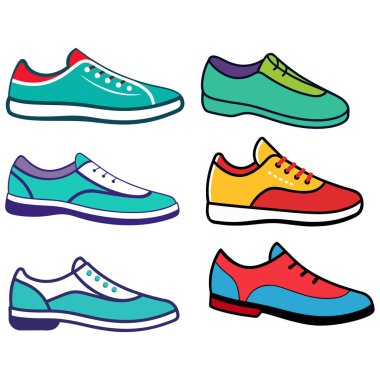 Herhangi bir tasarıma kişilik katmak için mükemmel sekiz renkli ve şık ayakkabı çiziminden oluşan canlı bir set. Bu oyuncu ve eşsiz ayakkabılar moda, markalaşma veya yaratıcı projeler için idealdir..