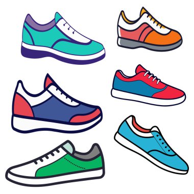 Herhangi bir tasarıma kişilik katmak için mükemmel sekiz renkli ve şık ayakkabı çiziminden oluşan canlı bir set. Bu oyuncu ve eşsiz ayakkabılar moda, markalaşma veya yaratıcı projeler için idealdir..