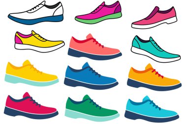 Herhangi bir tasarıma kişilik katmak için mükemmel sekiz renkli ve şık ayakkabı çiziminden oluşan canlı bir set. Bu oyuncu ve eşsiz ayakkabılar moda, markalaşma veya yaratıcı projeler için idealdir..