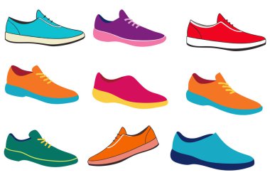 Herhangi bir tasarıma kişilik katmak için mükemmel sekiz renkli ve şık ayakkabı çiziminden oluşan canlı bir set. Bu oyuncu ve eşsiz ayakkabılar moda, markalaşma veya yaratıcı projeler için idealdir..