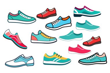 Herhangi bir tasarıma kişilik katmak için mükemmel sekiz renkli ve şık ayakkabı çiziminden oluşan canlı bir set. Bu oyuncu ve eşsiz ayakkabılar moda, markalaşma veya yaratıcı projeler için idealdir..