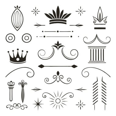 Bu 20 Roma tarzı kaligrafik tasarım elemanı, sayfa dekoruna, davetiyelerine veya klasik temalı projelere zarafet eklemek için mükemmel olan dekoratif bölme ve başlıkları içerir..