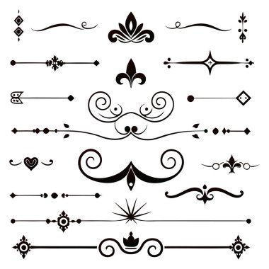 Bu 20 Roma tarzı kaligrafik tasarım elemanı, sayfa dekoruna, davetiyelerine veya klasik temalı projelere zarafet eklemek için mükemmel olan dekoratif bölme ve başlıkları içerir..