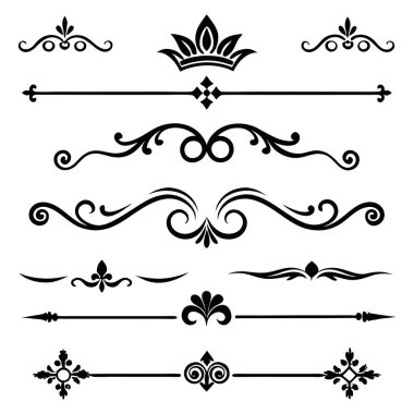 Bu 20 Roma tarzı kaligrafik tasarım elemanı, sayfa dekoruna, davetiyelerine veya klasik temalı projelere zarafet eklemek için mükemmel olan dekoratif bölme ve başlıkları içerir..