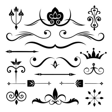 Bu 20 Roma tarzı kaligrafik tasarım elemanı, sayfa dekoruna, davetiyelerine veya klasik temalı projelere zarafet eklemek için mükemmel olan dekoratif bölme ve başlıkları içerir..