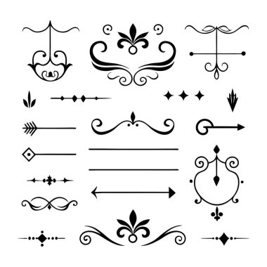 Bu 20 Roma tarzı kaligrafik tasarım elemanı, sayfa dekoruna, davetiyelerine veya klasik temalı projelere zarafet eklemek için mükemmel olan dekoratif bölme ve başlıkları içerir..