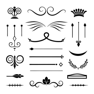 Bu 20 Roma tarzı kaligrafik tasarım elemanı, sayfa dekoruna, davetiyelerine veya klasik temalı projelere zarafet eklemek için mükemmel olan dekoratif bölme ve başlıkları içerir..