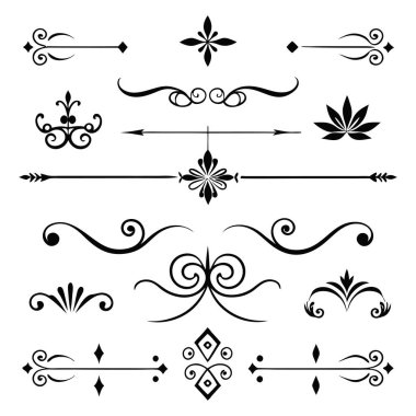 This set of twenty Rome-style calligraphic design elements includes ornate dividers and headpieces, perfect for adding elegance to page decor, invitations, or vintage-themed projects. clipart