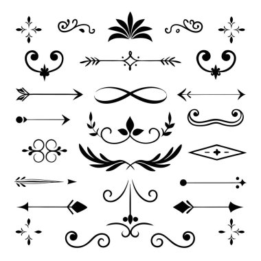 Bu 20 Roma tarzı kaligrafik tasarım elemanı, sayfa dekoruna, davetiyelerine veya klasik temalı projelere zarafet eklemek için mükemmel olan dekoratif bölme ve başlıkları içerir..