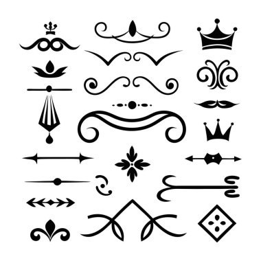 Bu 20 Roma tarzı kaligrafik tasarım elemanı, sayfa dekoruna, davetiyelerine veya klasik temalı projelere zarafet eklemek için mükemmel olan dekoratif bölme ve başlıkları içerir..