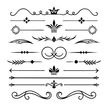 Bu 20 Roma tarzı kaligrafik tasarım elemanı, sayfa dekoruna, davetiyelerine veya klasik temalı projelere zarafet eklemek için mükemmel olan dekoratif bölme ve başlıkları içerir..