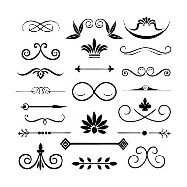 Bu 20 Roma tarzı kaligrafik tasarım elemanı, sayfa dekoruna, davetiyelerine veya klasik temalı projelere zarafet eklemek için mükemmel olan dekoratif bölme ve başlıkları içerir..