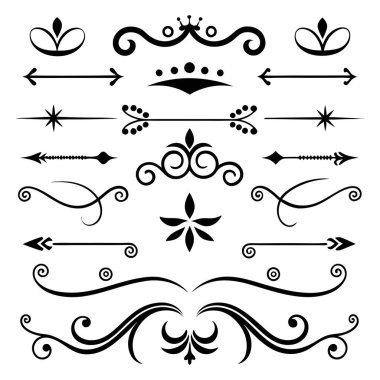 Bu 20 Roma tarzı kaligrafik tasarım elemanı, sayfa dekoruna, davetiyelerine veya klasik temalı projelere zarafet eklemek için mükemmel olan dekoratif bölme ve başlıkları içerir..