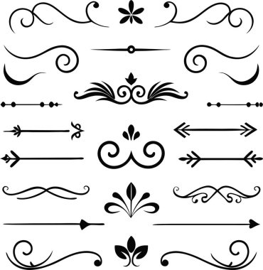 Bu 20 Roma tarzı kaligrafik tasarım elemanı, sayfa dekoruna, davetiyelerine veya klasik temalı projelere zarafet eklemek için mükemmel olan dekoratif bölme ve başlıkları içerir..