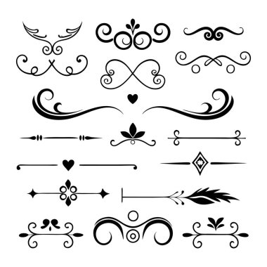 Bu 20 Roma tarzı kaligrafik tasarım elemanı, sayfa dekoruna, davetiyelerine veya klasik temalı projelere zarafet eklemek için mükemmel olan dekoratif bölme ve başlıkları içerir..