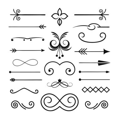 Bu 20 Roma tarzı kaligrafik tasarım elemanı, sayfa dekoruna, davetiyelerine veya klasik temalı projelere zarafet eklemek için mükemmel olan dekoratif bölme ve başlıkları içerir..