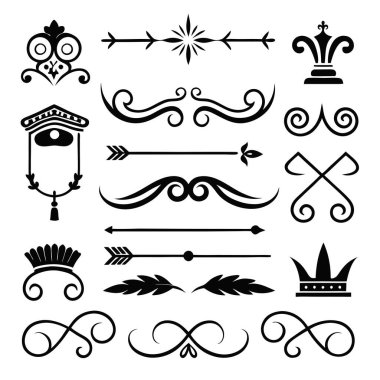 This set of twenty Rome-style calligraphic design elements includes ornate dividers and headpieces, perfect for adding elegance to page decor, invitations, or vintage-themed projects. clipart