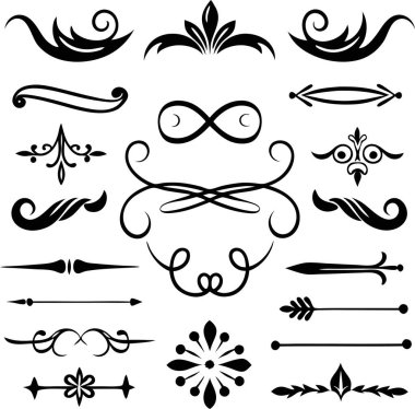 Bu 20 Roma tarzı kaligrafik tasarım elemanı, sayfa dekoruna, davetiyelerine veya klasik temalı projelere zarafet eklemek için mükemmel olan dekoratif bölme ve başlıkları içerir..