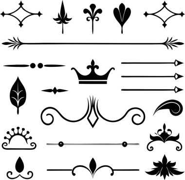 This set of twenty Rome-style calligraphic design elements includes ornate dividers and headpieces, perfect for adding elegance to page decor, invitations, or vintage-themed projects. clipart