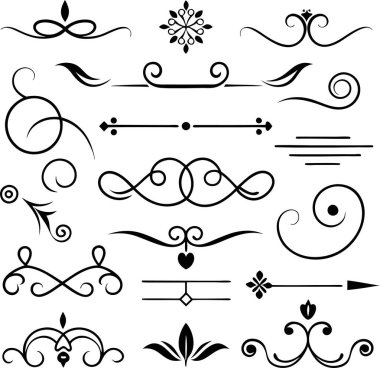 Bu 20 Roma tarzı kaligrafik tasarım elemanı, sayfa dekoruna, davetiyelerine veya klasik temalı projelere zarafet eklemek için mükemmel olan dekoratif bölme ve başlıkları içerir..