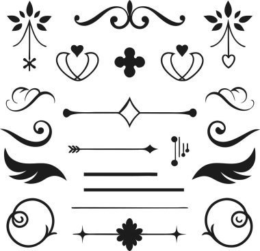 Bu 20 Roma tarzı kaligrafik tasarım elemanı, sayfa dekoruna, davetiyelerine veya klasik temalı projelere zarafet eklemek için mükemmel olan dekoratif bölme ve başlıkları içerir..