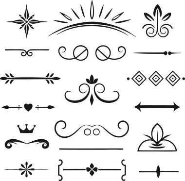Bu 20 Roma tarzı kaligrafik tasarım elemanı, sayfa dekoruna, davetiyelerine veya klasik temalı projelere zarafet eklemek için mükemmel olan dekoratif bölme ve başlıkları içerir..
