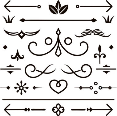Bu 20 Roma tarzı kaligrafik tasarım elemanı, sayfa dekoruna, davetiyelerine veya klasik temalı projelere zarafet eklemek için mükemmel olan dekoratif bölme ve başlıkları içerir..