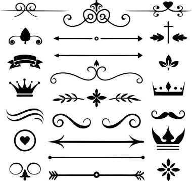 Bu 20 Roma tarzı kaligrafik tasarım elemanı, sayfa dekoruna, davetiyelerine veya klasik temalı projelere zarafet eklemek için mükemmel olan dekoratif bölme ve başlıkları içerir..