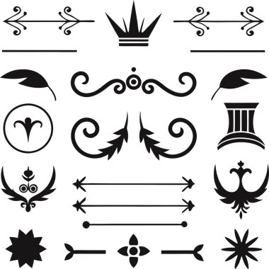 Bu 20 Roma tarzı kaligrafik tasarım elemanı, sayfa dekoruna, davetiyelerine veya klasik temalı projelere zarafet eklemek için mükemmel olan dekoratif bölme ve başlıkları içerir..