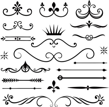 Bu 20 Roma tarzı kaligrafik tasarım elemanı, sayfa dekoruna, davetiyelerine veya klasik temalı projelere zarafet eklemek için mükemmel olan dekoratif bölme ve başlıkları içerir..