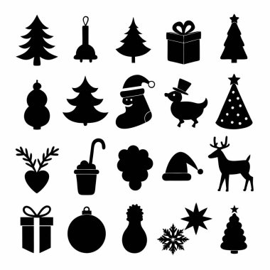 Bu Noel silueti vektör tasarımı, bayram dekorasyonları, kartlar ve dijital projeler için mükemmel olan çeşitli festival ikonları içerir. Zarif mevsimsel grafikler ve baskılar oluşturmak için ideal.