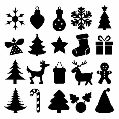 Bu Noel silueti vektör tasarımı, bayram dekorasyonları, kartlar ve dijital projeler için mükemmel olan çeşitli festival ikonları içerir. Zarif mevsimsel grafikler ve baskılar oluşturmak için ideal.