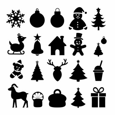 Bu Noel silueti vektör tasarımı, bayram dekorasyonları, kartlar ve dijital projeler için mükemmel olan çeşitli festival ikonları içerir. Zarif mevsimsel grafikler ve baskılar oluşturmak için ideal.