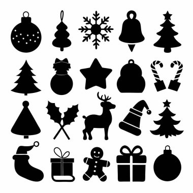 Bu Noel silueti vektör tasarımı, bayram dekorasyonları, kartlar ve dijital projeler için mükemmel olan çeşitli festival ikonları içerir. Zarif mevsimsel grafikler ve baskılar oluşturmak için ideal.