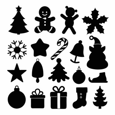 Bu Noel silueti vektör tasarımı, bayram dekorasyonları, kartlar ve dijital projeler için mükemmel olan çeşitli festival ikonları içerir. Zarif mevsimsel grafikler ve baskılar oluşturmak için ideal.