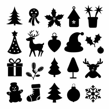 Bu Noel silueti vektör tasarımı, bayram dekorasyonları, kartlar ve dijital projeler için mükemmel olan çeşitli festival ikonları içerir. Zarif mevsimsel grafikler ve baskılar oluşturmak için ideal.