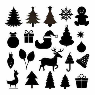 Bu Noel silueti vektör tasarımı, bayram dekorasyonları, kartlar ve dijital projeler için mükemmel olan çeşitli festival ikonları içerir. Zarif mevsimsel grafikler ve baskılar oluşturmak için ideal.