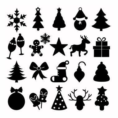 Bu Noel silueti vektör tasarımı, bayram dekorasyonları, kartlar ve dijital projeler için mükemmel olan çeşitli festival ikonları içerir. Zarif mevsimsel grafikler ve baskılar oluşturmak için ideal.