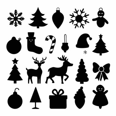 Bu Noel silueti vektör tasarımı, bayram dekorasyonları, kartlar ve dijital projeler için mükemmel olan çeşitli festival ikonları içerir. Zarif mevsimsel grafikler ve baskılar oluşturmak için ideal.