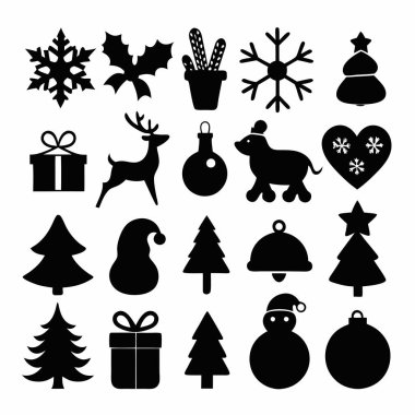 Bu Noel silueti vektör tasarımı, bayram dekorasyonları, kartlar ve dijital projeler için mükemmel olan çeşitli festival ikonları içerir. Zarif mevsimsel grafikler ve baskılar oluşturmak için ideal.