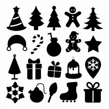 Bu Noel silueti vektör tasarımı, bayram dekorasyonları, kartlar ve dijital projeler için mükemmel olan çeşitli festival ikonları içerir. Zarif mevsimsel grafikler ve baskılar oluşturmak için ideal.