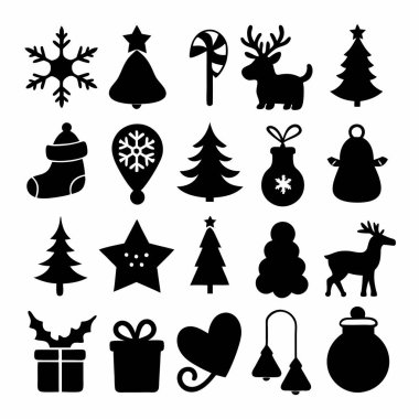 Bu Noel silueti vektör tasarımı, bayram dekorasyonları, kartlar ve dijital projeler için mükemmel olan çeşitli festival ikonları içerir. Zarif mevsimsel grafikler ve baskılar oluşturmak için ideal.
