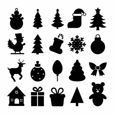 Bu Noel silueti vektör tasarımı, bayram dekorasyonları, kartlar ve dijital projeler için mükemmel olan çeşitli festival ikonları içerir. Zarif mevsimsel grafikler ve baskılar oluşturmak için ideal.