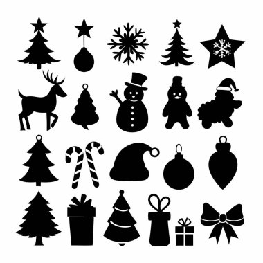 Bu Noel silueti vektör tasarımı, bayram dekorasyonları, kartlar ve dijital projeler için mükemmel olan çeşitli festival ikonları içerir. Zarif mevsimsel grafikler ve baskılar oluşturmak için ideal.