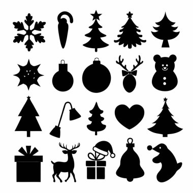 Bu Noel silueti vektör tasarımı, bayram dekorasyonları, kartlar ve dijital projeler için mükemmel olan çeşitli festival ikonları içerir. Zarif mevsimsel grafikler ve baskılar oluşturmak için ideal.