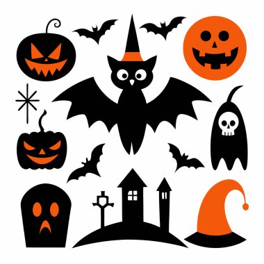 This Halloween silhouette vector set features spooky designs like witches, pumpkins, ghosts, and bats. Perfect for party invites, decorations, and eerie Halloween-themed projects. clipart