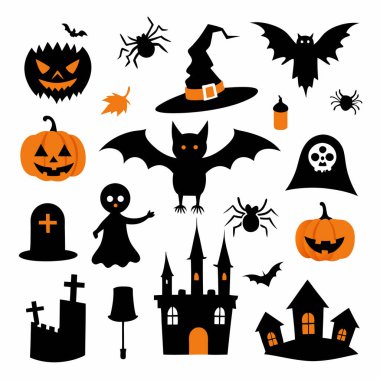 Bu Cadılar Bayramı siluet vektörü cadılar, balkabakları, hayaletler ve yarasalar gibi ürkütücü tasarımlar içeriyor. Parti davetiyeleri, dekorasyonlar ve ürkütücü Cadılar Bayramı temalı projeler için mükemmel..
