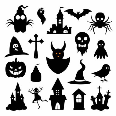 Bu Cadılar Bayramı siluet vektörü cadılar, balkabakları, hayaletler ve yarasalar gibi ürkütücü tasarımlar içeriyor. Parti davetiyeleri, dekorasyonlar ve ürkütücü Cadılar Bayramı temalı projeler için mükemmel..